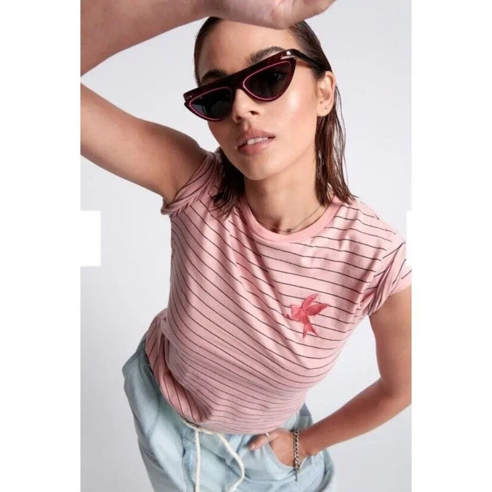 One Teaspoon Bower Bird Embroidered Logo Fitted Striped Pink Tee Shirt Size XS